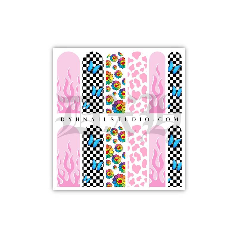 Unentschlossen Mix Match Design Pink Flame Smiley Nail Decals - Xl Wraps Wassertransfer Karierter Schmetterling Nagel Zubehör von Etsy - DXHNAILCO