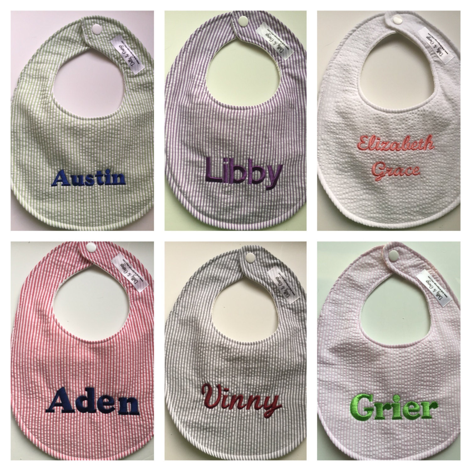 Personalisierte Seersucker-Baby-Lätzchen von Etsy - DollyandGeorge