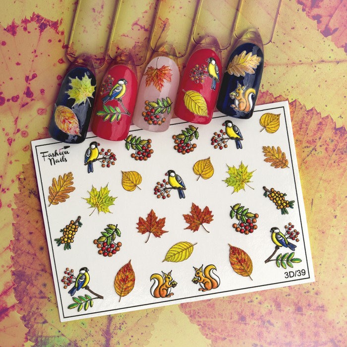 3D Herbst Blätter, Vögel, Vogelbeeren, Eichhörnchen - Waterslide Water Transfer Nail Art Decals von Etsy - EZNailsStore