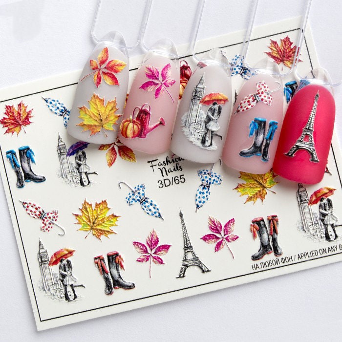 3D Herbst Regenschirm, Paris Eiffelturm, Blätter, Big Ben, Regenstiefel, Küssendes Paar - Waterslide Water Transfer Nail Art Decals von Etsy - EZNailsStore