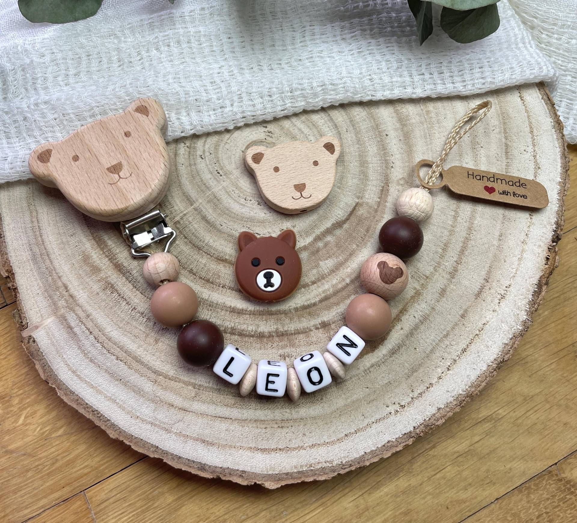 Schnullerkette Mit Namen Teddy Bär, Braun Beige Holzclip Junge Mädchen von Etsy - EdelGefaedelShop