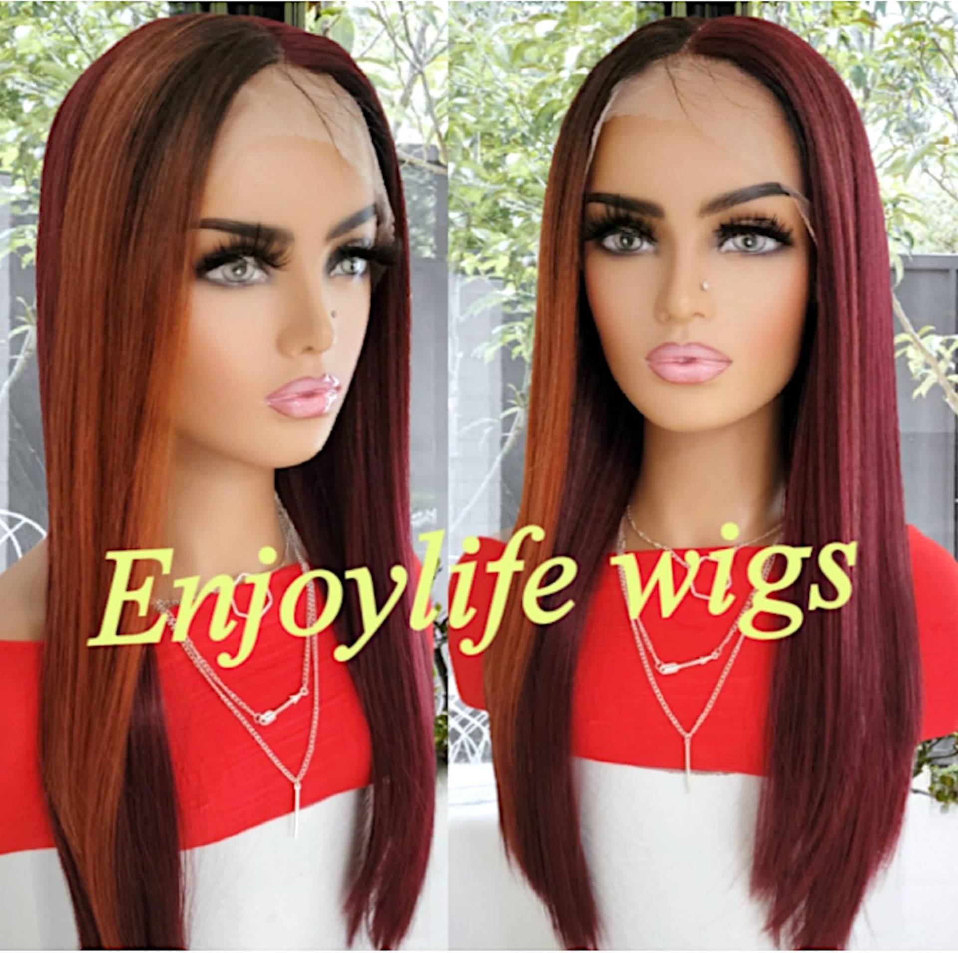 Feuerstarter Brennend Orange Halbseitig Getaucht Weinrot Schwarz Custom Color Spitze Vorderseite H.d Perücke von Etsy - Enjoylifewigs