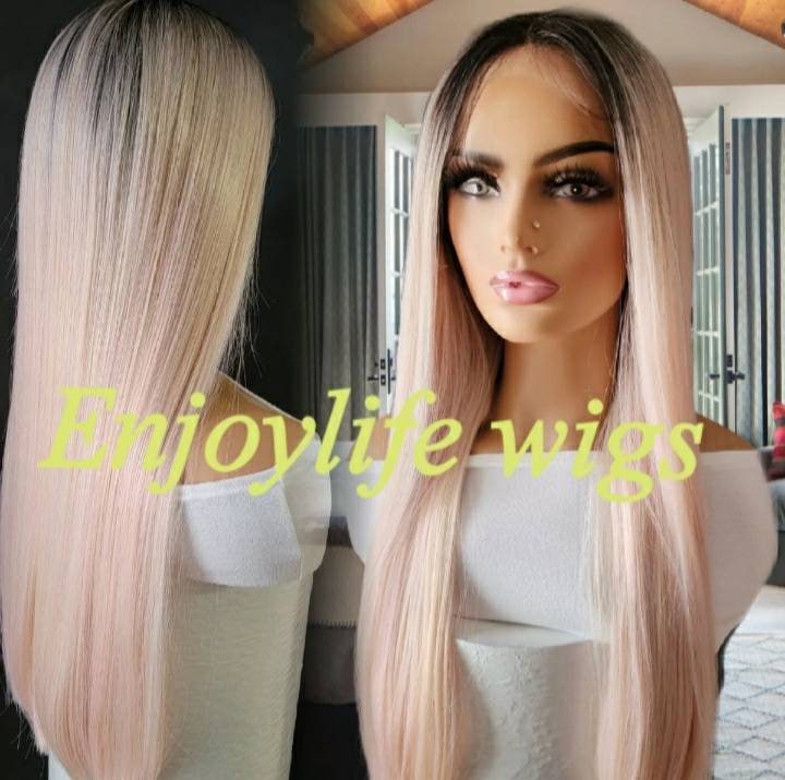 Gerade Rose Gold Rosa Dunkle Wurzel Spitze Vorne Lange Perücke Diese Ist Verstellbar Und Natürlich Aussehende von Etsy - Enjoylifewigs