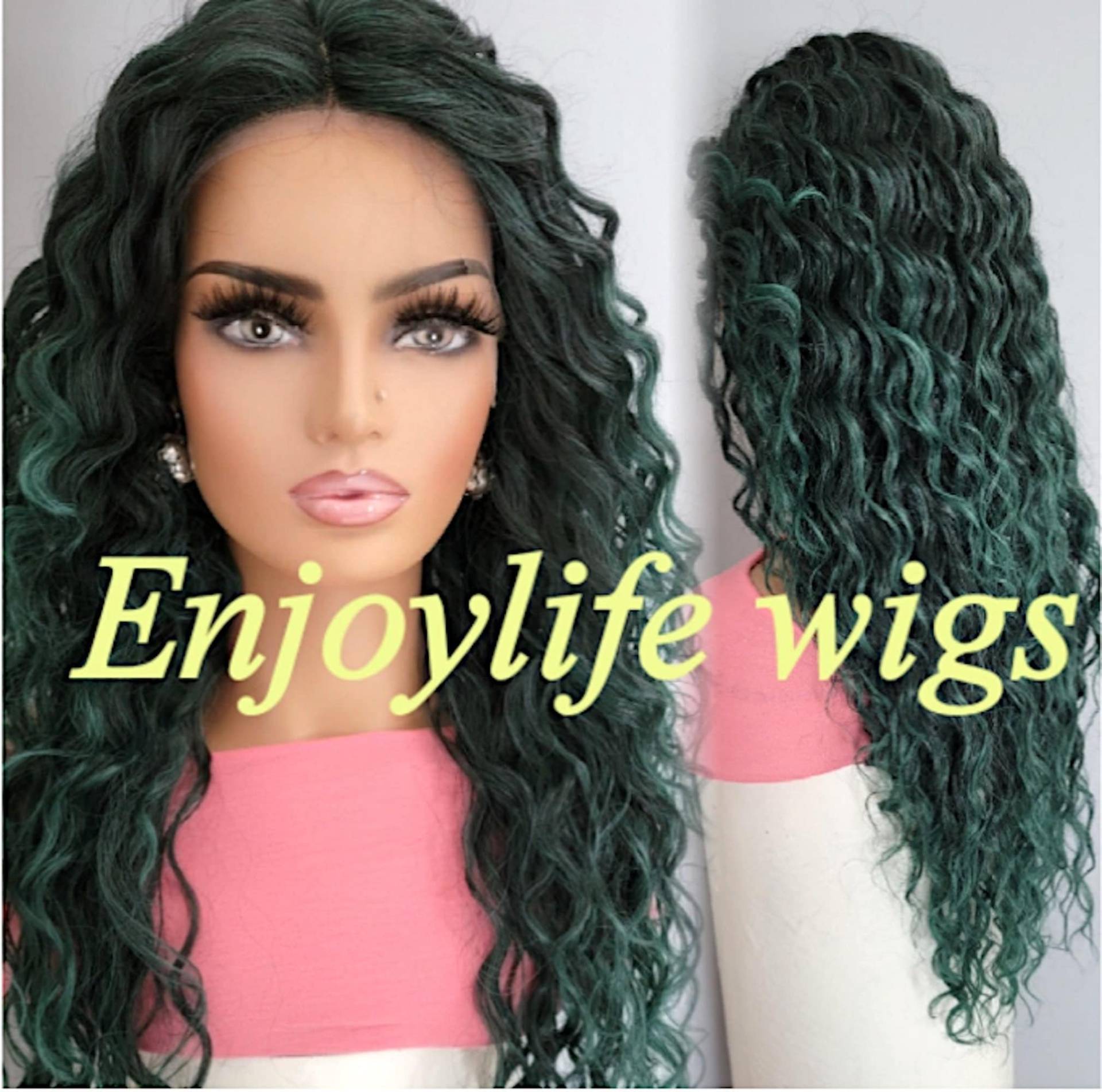 Mint Geld Grün H.d Schwarze Wurzel Lockige Wasserwelle Spitze Vorne Perücke von Etsy - Enjoylifewigs