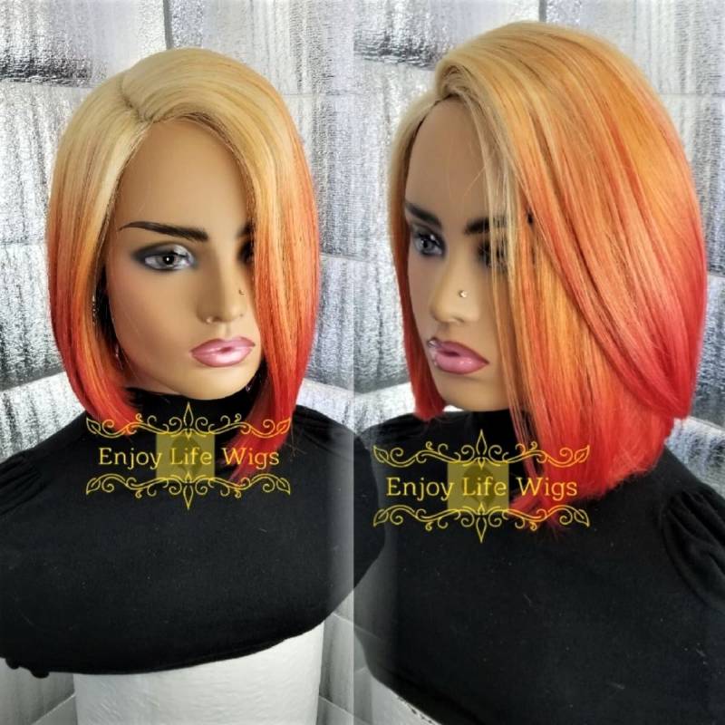 Orange Blonde Splash Bob Perücke Mit Natürlich Aussehendem Tiefen Seitenteil Ohne Spitze von Etsy - Enjoylifewigs