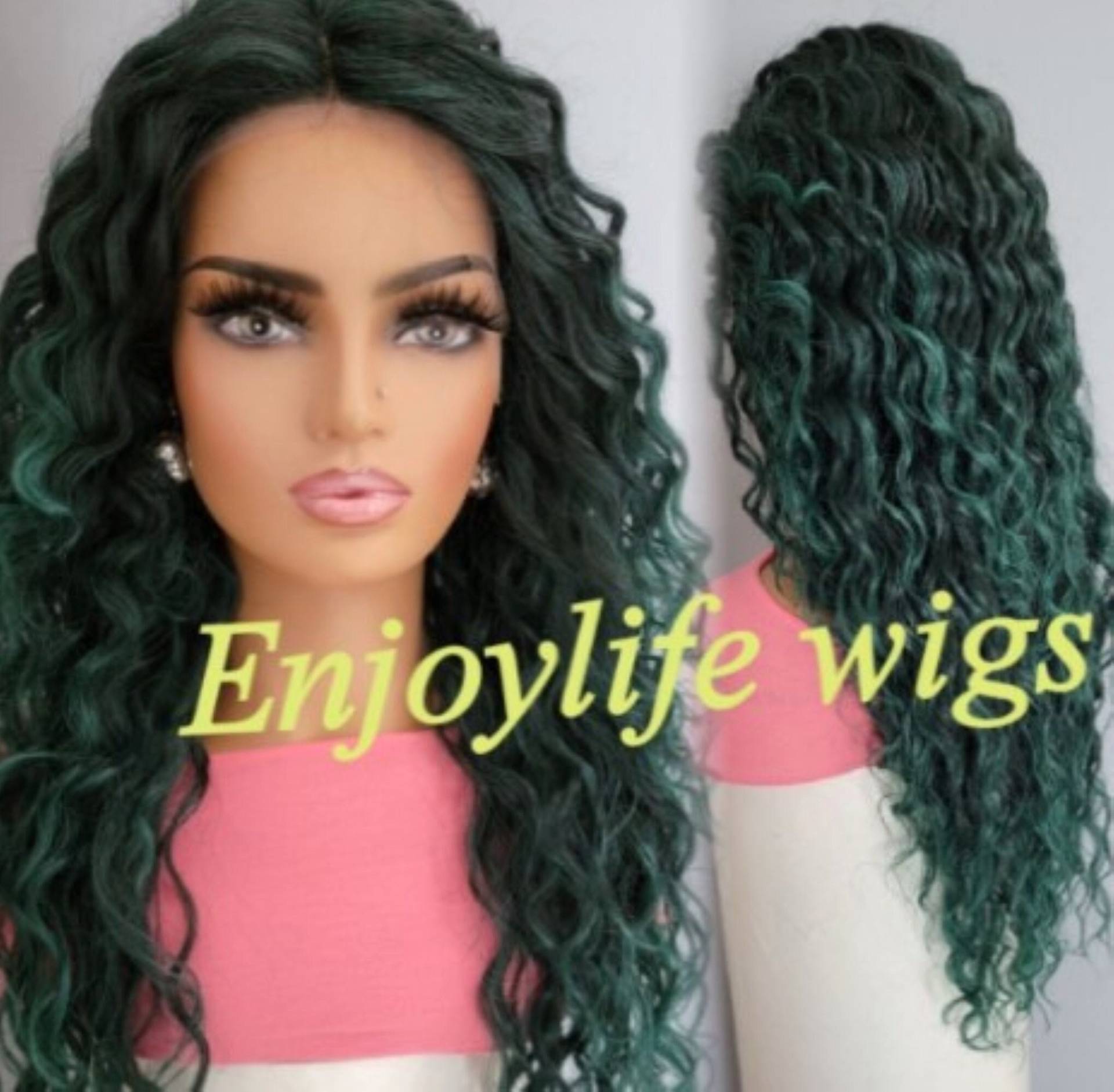 Smaragdgrün H.d Schwarze Wurzel Lockige Wasserwelle Spitze Vorne Perücke von Etsy - Enjoylifewigs