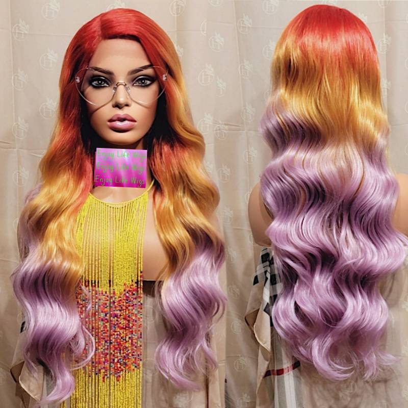 Wellige Balayage Ombre Feuer Orange Getaucht Lavendel H.d Spitze Vorne Perücke von Etsy - Enjoylifewigs