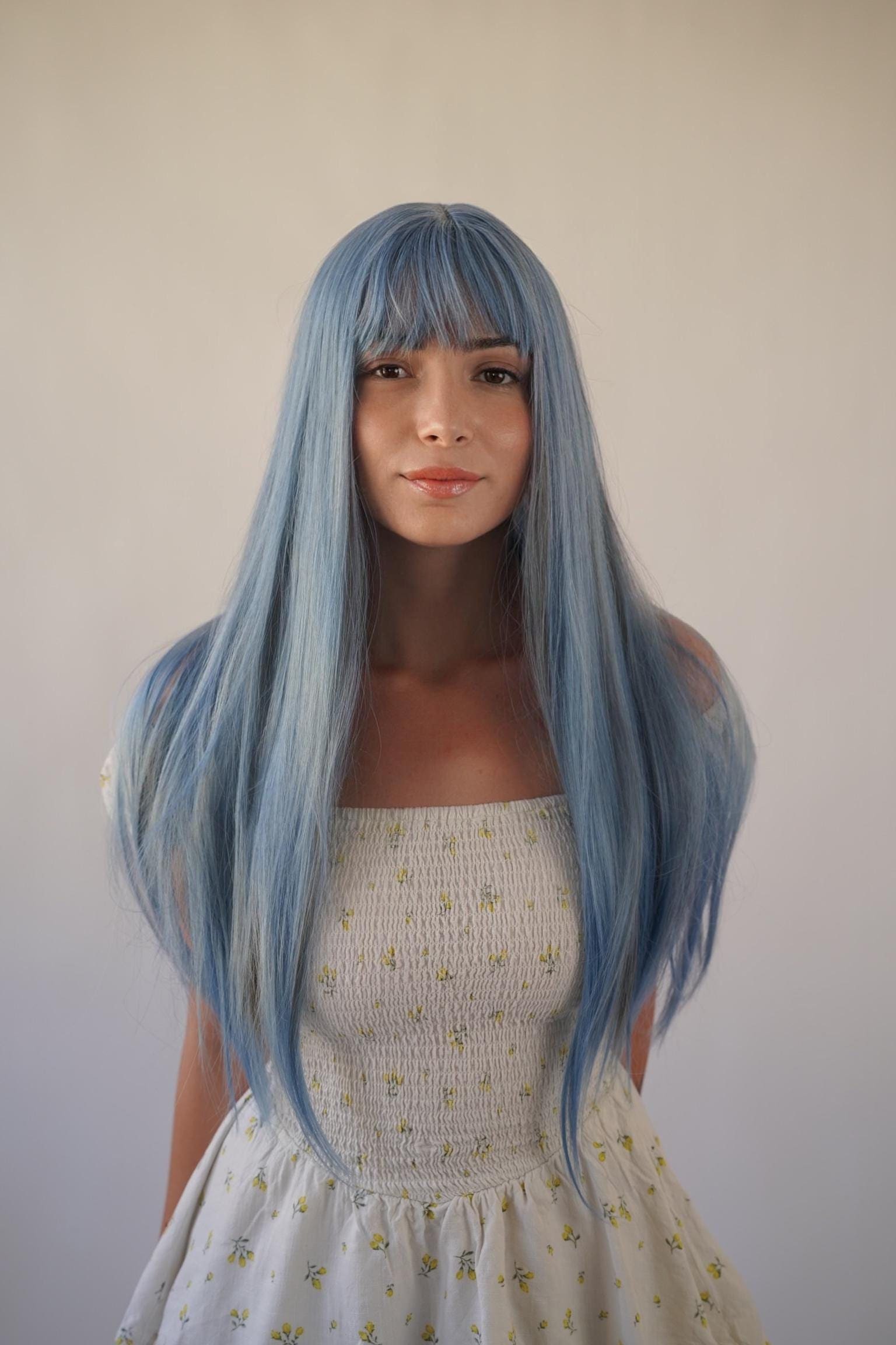 Ash Blue Ombre Wavy Perücke Lange Gewellte Mit Pony Cosplay von Etsy - Evanesswigs