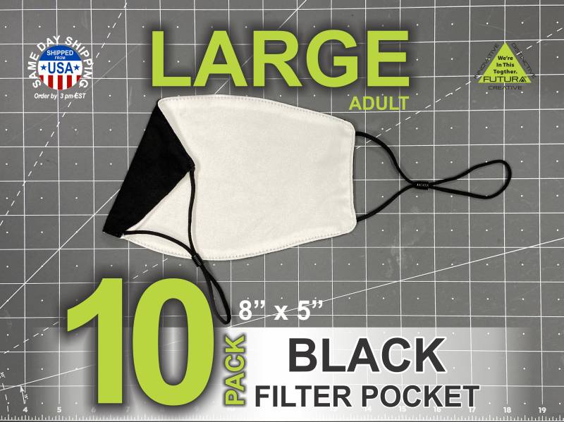 10 Maskenpackung Large 8 X 5 No Trim Flaches Weißes Polyester - Schwarze Baumwolle Innenfiltertasche Sublimationsrohling Verstellbares Gummiband von Etsy - FUTURASUBLIMATION