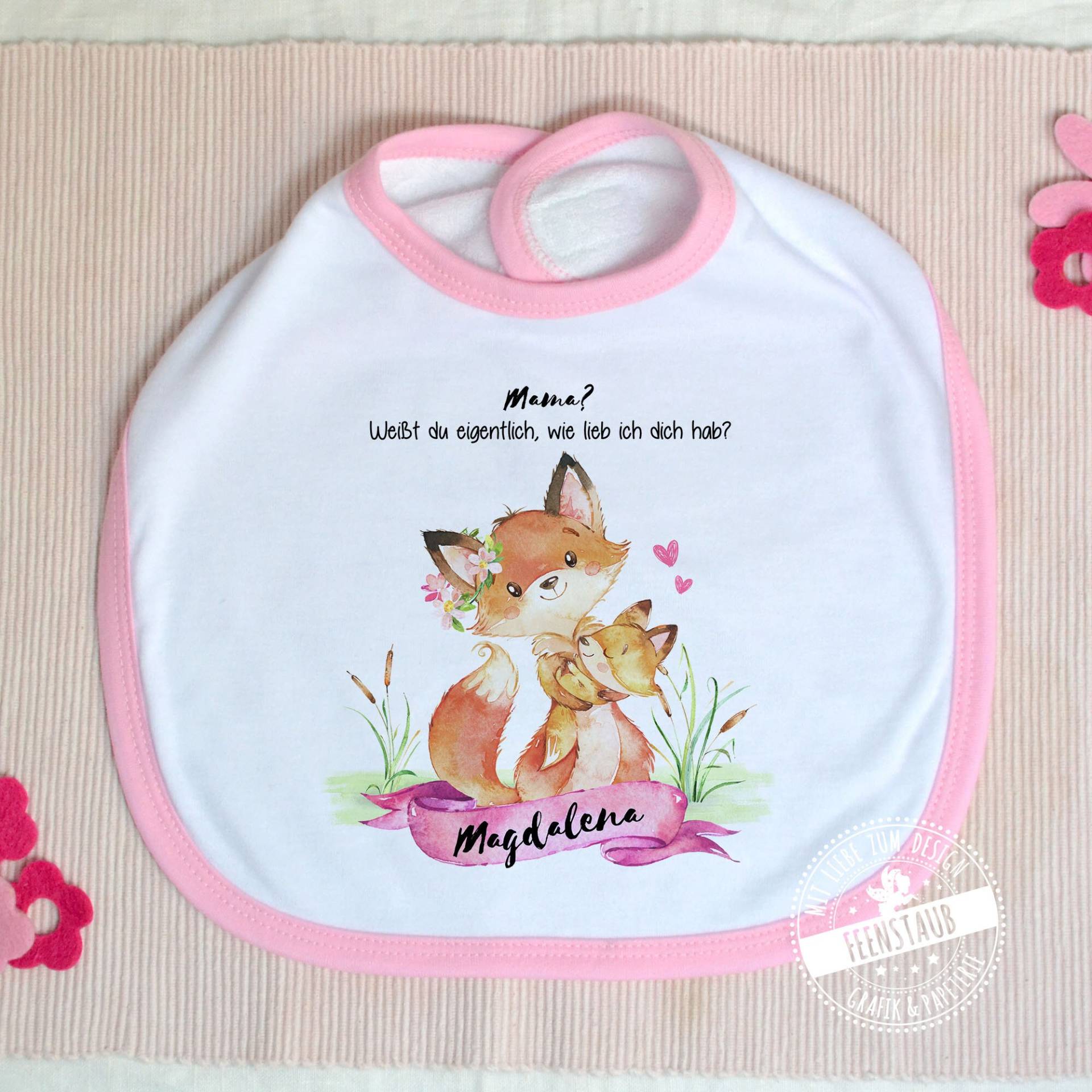 Baby-Lätzchen Mit Namen Personalisiert - Geschenk Zur Geburt, Muttertag Oder Den 1. Geburtstag, Rosa Und Blau, Mama Ist Die Beste Füchse von Etsy - FeenstaubHandmade