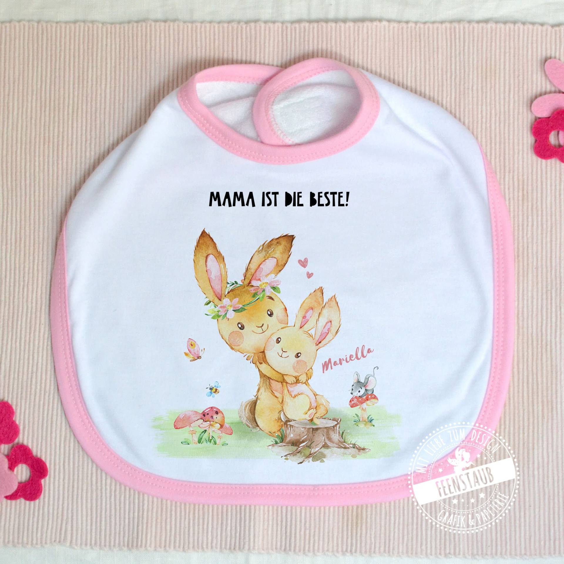 Baby-Lätzchen Mit Namen Personalisiert - Geschenk Zur Geburt, Muttertag Oder Den 1. Geburtstag, Rosa Und Blau, Mama Ist Die Beste Hasen von Etsy - FeenstaubHandmade