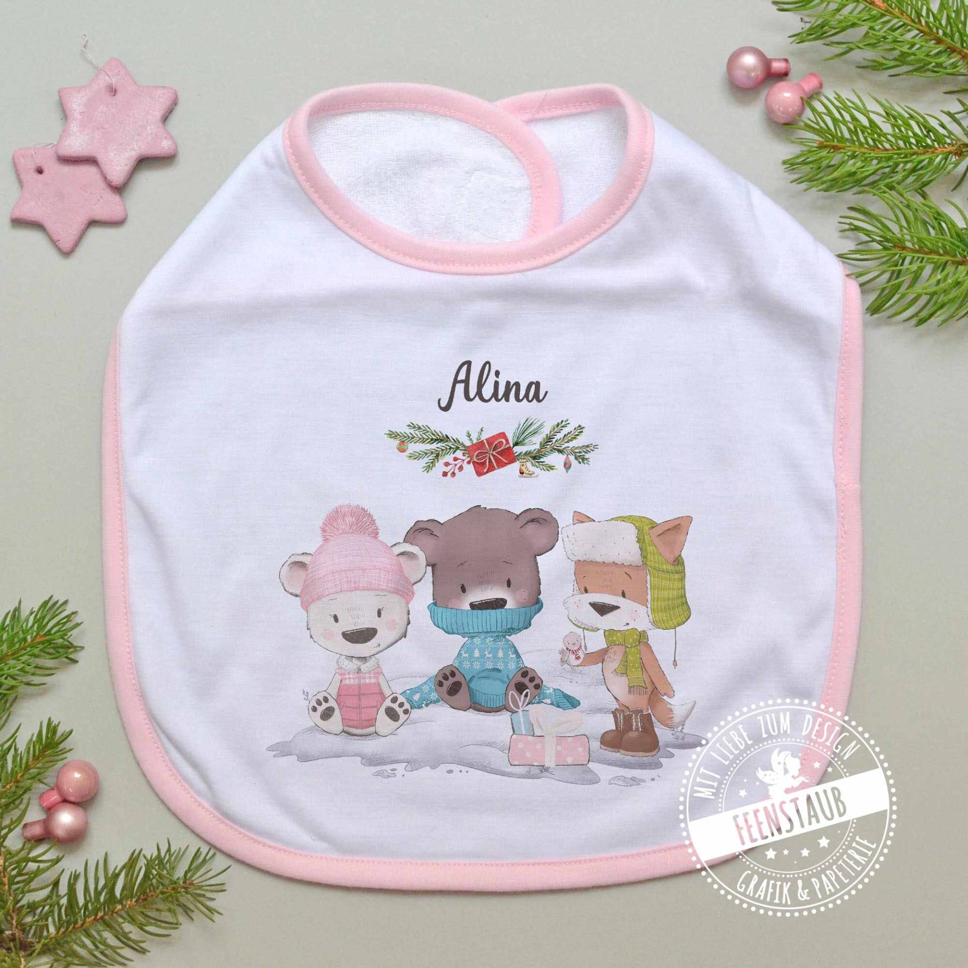 Erstes Weihnachten Baby Geschenk Als Erinnerung - Baby-Lätzchen Personalisiert Mit Namen, Zum Nikolaus, Rosa Und Blau Tieren von Etsy - FeenstaubHandmade