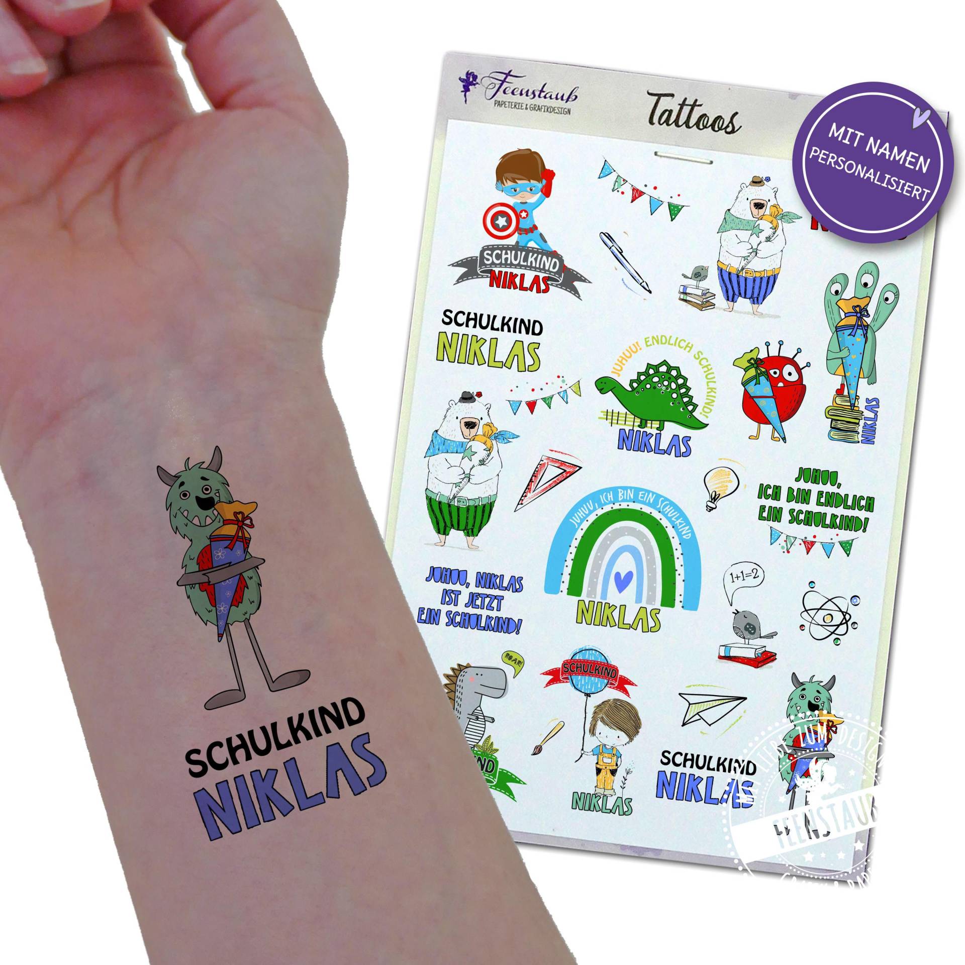 Kindertattoo Einschulung Geschenkidee, Personalisiertes Geschenk Mit Name, Für Die Schultüte, Temporäre Tattoos, Abziehtattoo, Mitgebsel von Etsy - FeenstaubHandmade