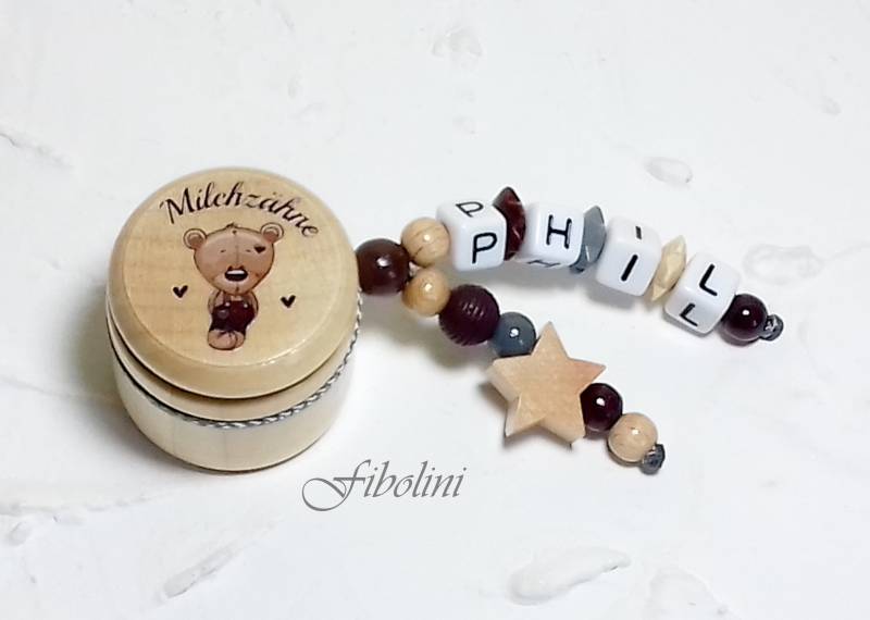 Milchzahndose "Bear". Beige Braun Grau Stern Aufbewahrung Schulstart Zuckertüte Kindergeburtstag Kindergarten Handmade Zahn Holz Freunde von Etsy - Fibolini