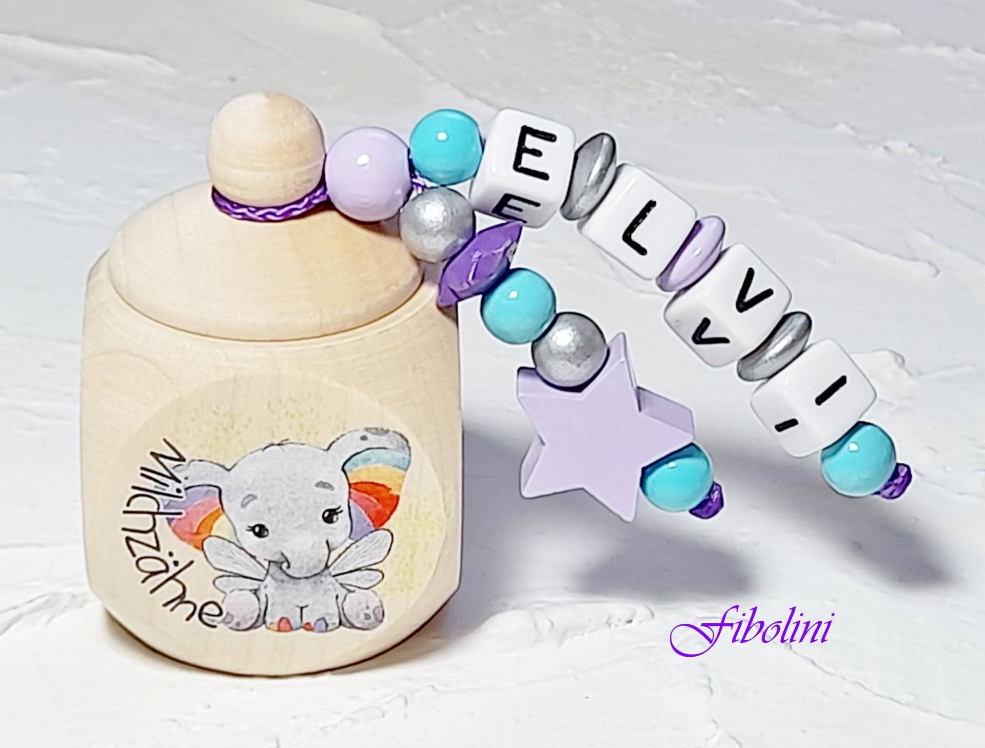 Milchzahndose "Elefant". Mit Namen, Beige, Flieder, Türkis, Lila, Silber, Holzperlen, Zuckertüte, Milchzahnbox, Einschulung, Aufbewahrung von Etsy - Fibolini