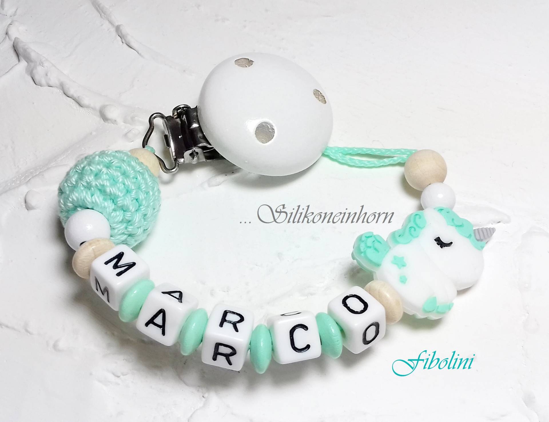 Schnullerkette "Einhorn". Mint, Beige, Weiß, Häkelperle, Nuckelkette, Schnullerhalter, Silikonadapter, Diy, Personalisiert, Schnullerband von Etsy - Fibolini