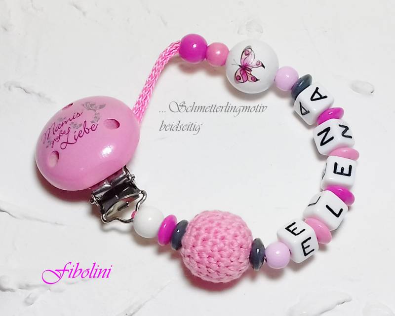 Schnullerkette "Mamis Grosse Liebe". Schmetterling, Rosa, Weiß, Grau, Mädchen, Name, Personalisierung, Nuckelkette, Schnullerband, Handmade von Etsy - Fibolini