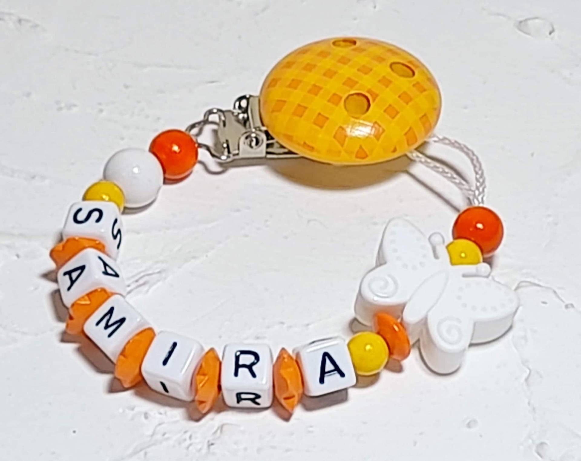 Schnullerkette "Schmetterling", Orange, Gelb, Weiß, Nuckelband, Schnullerhalter, Schnuller, Meilenstein, Nuckelkette, Schwangerschaft, Taufe von Etsy - Fibolini