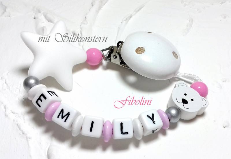 Schnullerkette "Teddy" Silikonbeißstern. Taufe, Geburt, Babyparty, Silber, Weiß, Rosa, Schnullerhalter, Personalisiert, Mit Namen, Girl von Etsy - Fibolini