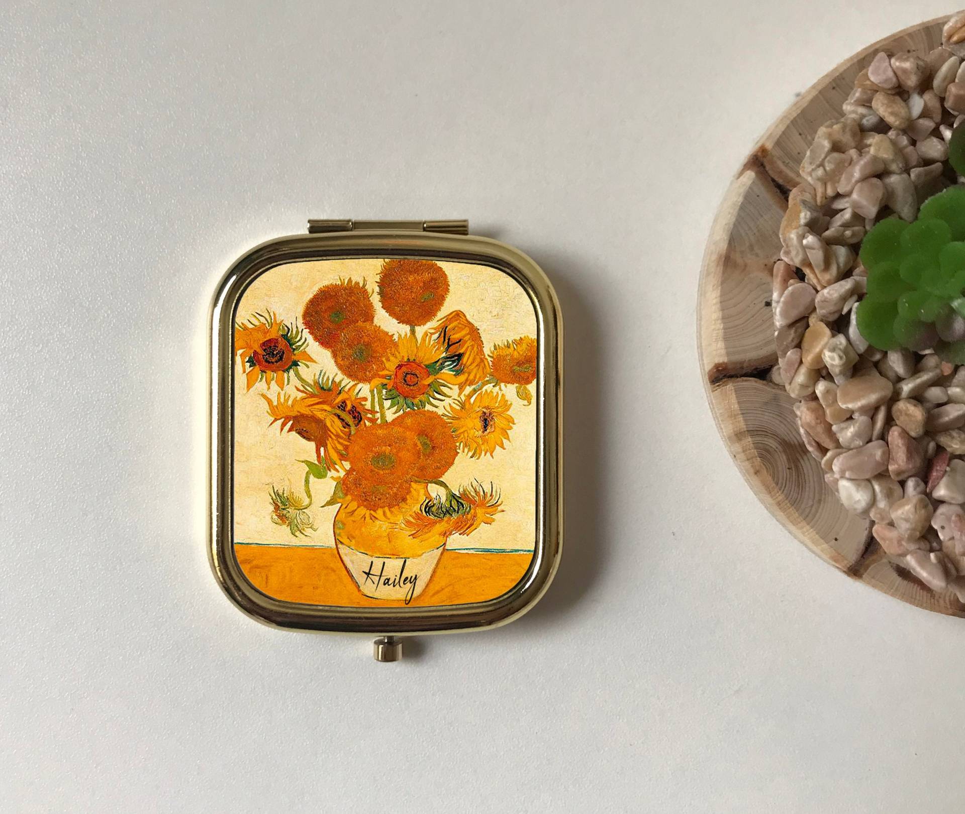 Van Gogh Sonnenblumen Senfgelb Personalisierter Taschenspiegel, Andenken Geschenk Freund, Floral, Rose Gold, Silber von Etsy - FinestGiftDesigns