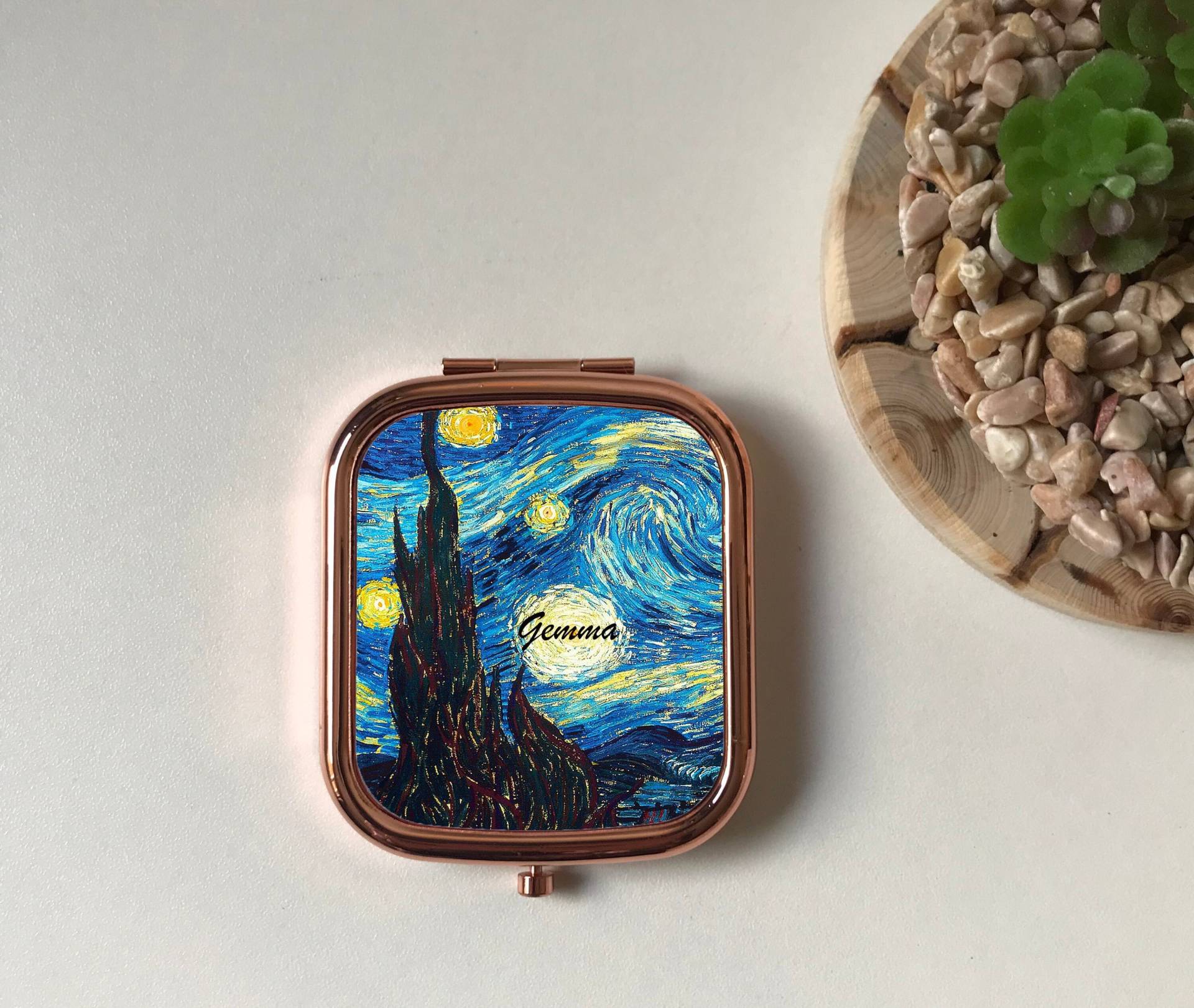 sternennacht Personalisierter Kompaktspiegel, Van Gogh Taschenspiegel Rund, Andenken Geschenk Freund, Blau Gelb Kunst, Roségold, Silber, Für Künstler von Etsy - FinestGiftDesigns