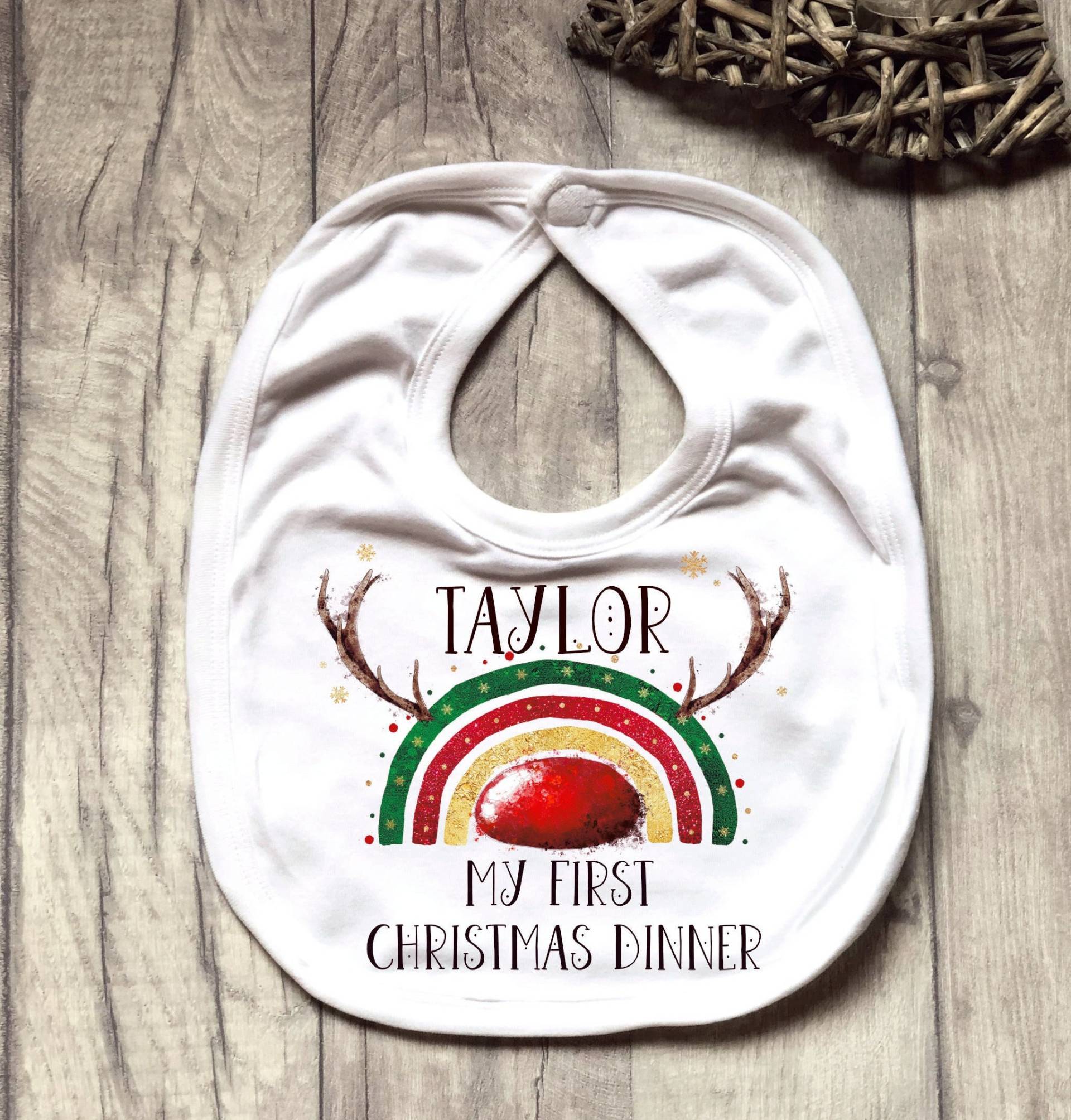 My First Christmas Dinner Bib, Personalisierte Baby Es Xmas Rentier Rainbow von Etsy - Forgetmeknotwales