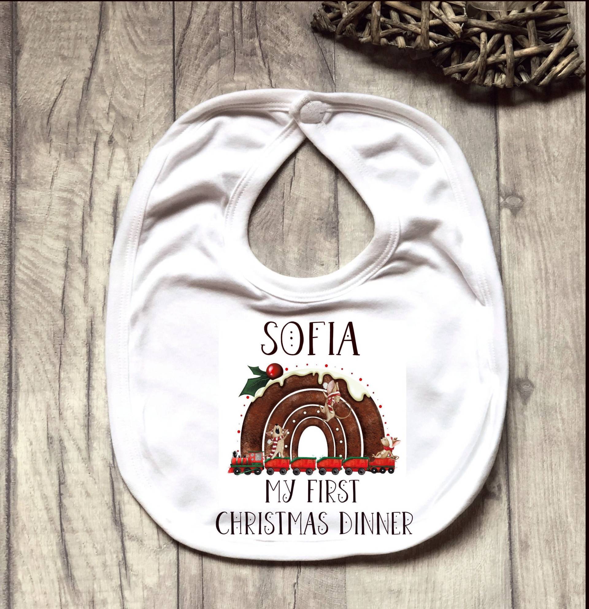 Personalisiertes Baby 1st Xmas Dinner Bib, My First Christmas Es Rentier Rainbow Bib von Etsy - Forgetmeknotwales