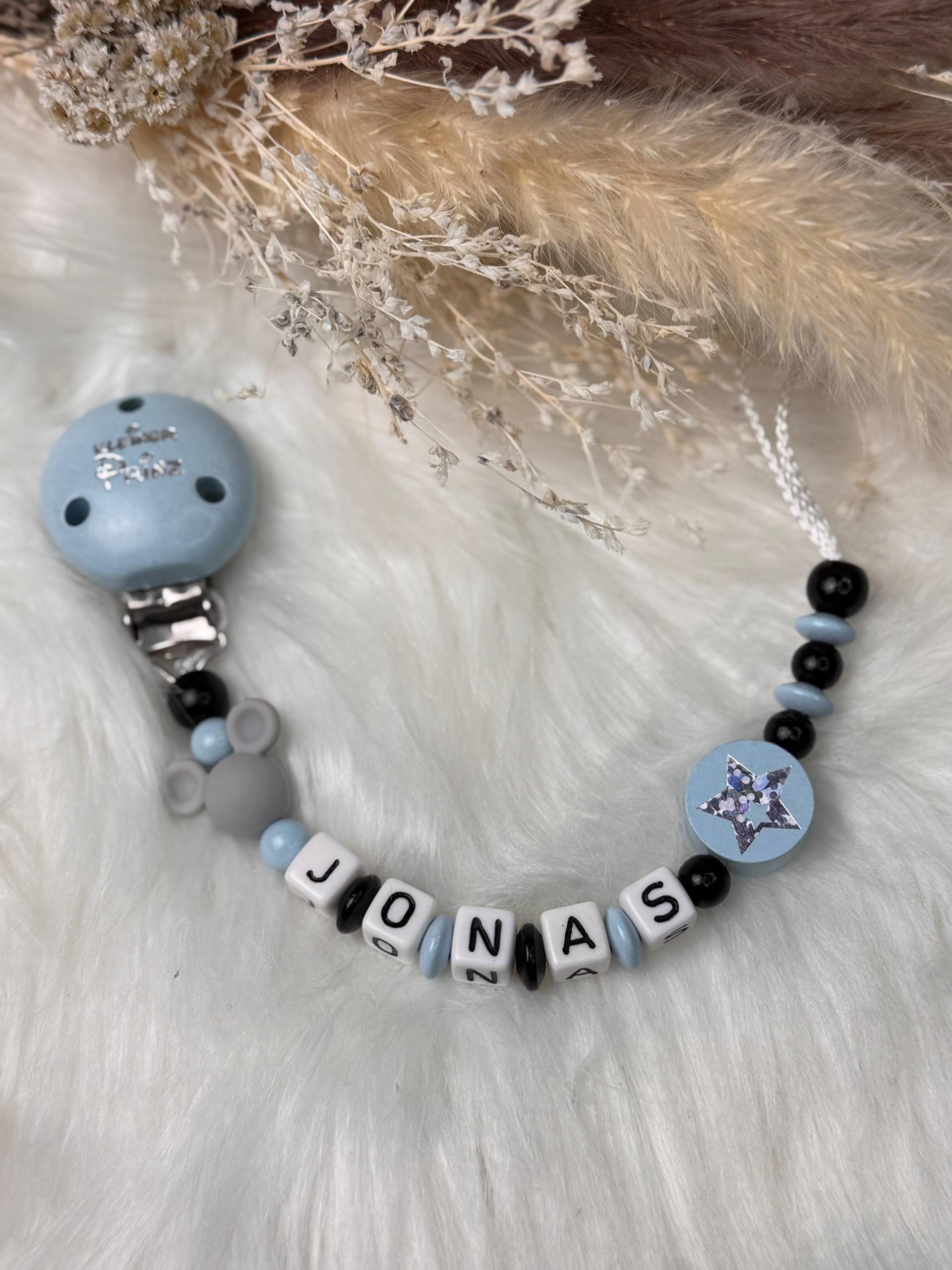 Schnullerkette Mit Namen, Blau Grau Schwarz, Geschenkidee, Babyparty, Personalisiert von Etsy - GlamAccessoires