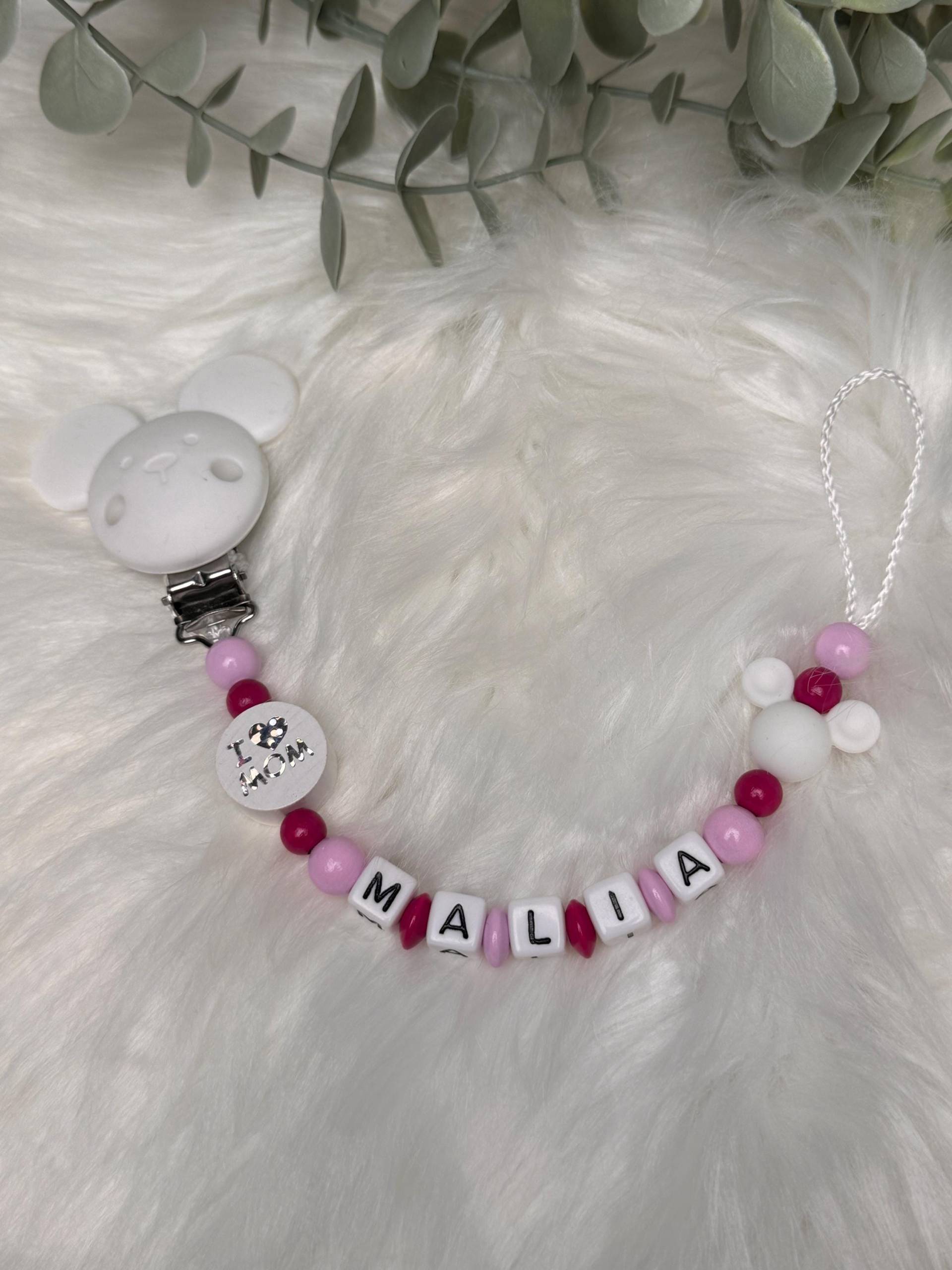 Schnullerkette Mit Namen, Rosa Weiß, I Love Mom, Geschenkidee, Babyparty, Personalisiert von Etsy - GlamAccessoires