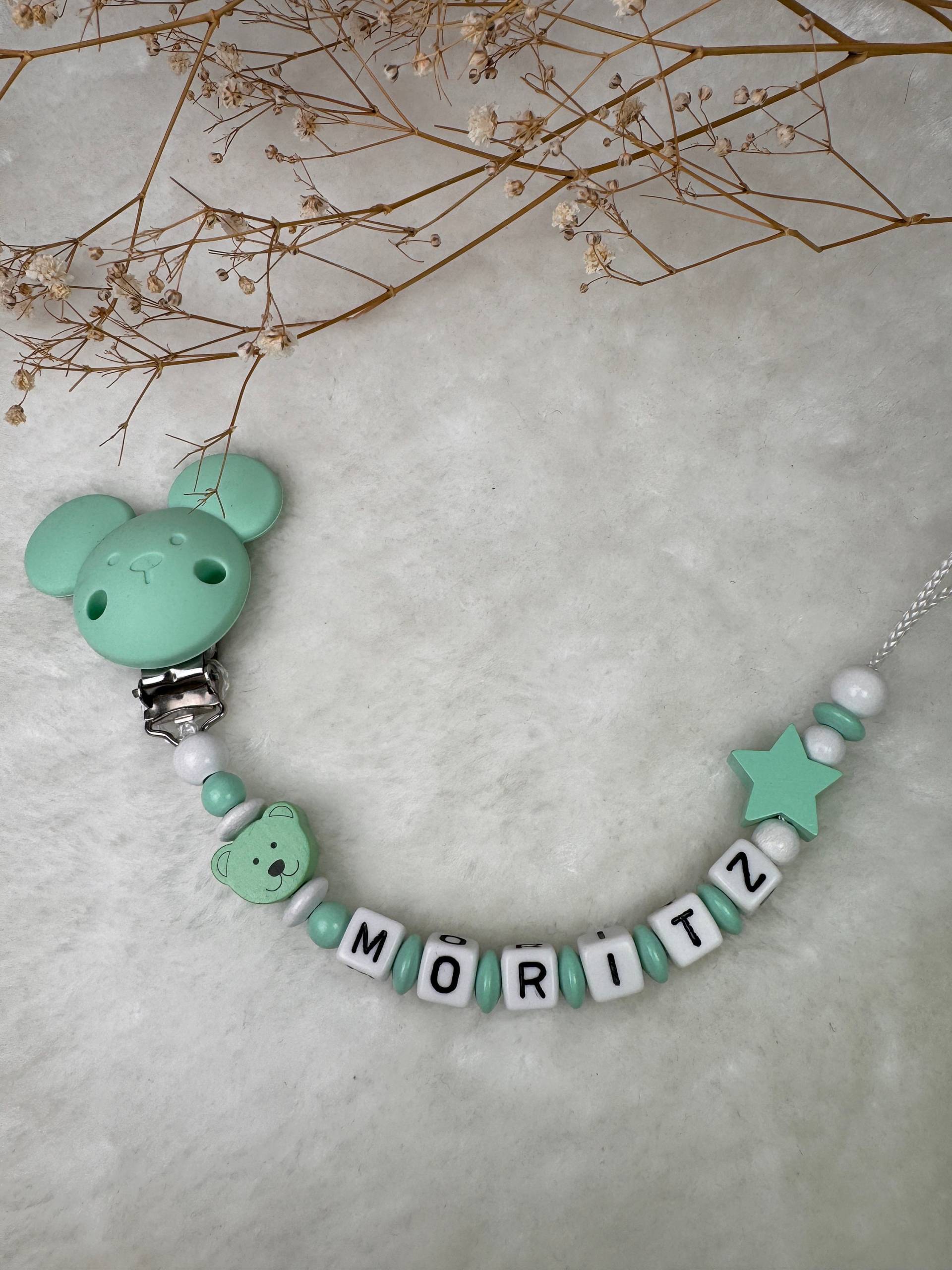 Schnullerkette Mit Namen - Mint Bärchen Und Maus Clip Geschenkidee Babyparty- Personalisiert von Etsy - GlamAccessoires