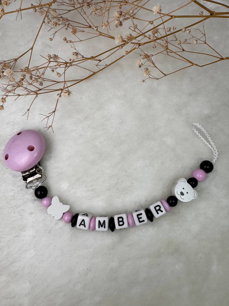 Schnullerkette Mit Namen - Rosa Schwarz Schmetterling Und Bärchen Geschenkidee Babyparty- Personalisiert von Etsy - GlamAccessoires