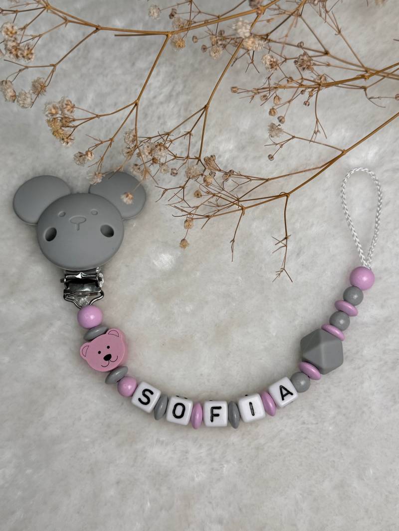 Schnullerkette Mit Wunschname, Rosa Grau, Geschenkidee, Babyparty, Personalisiert Silikon Maus Clip von Etsy - GlamAccessoires