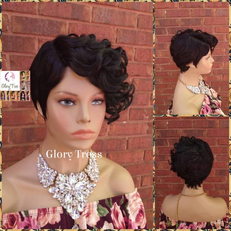 Kurze Perücke, Pixie Cut Frisur Mit Langem Seitenknall, Ombre Dunkelgrüne Glory Tress, Lace Seitenteil /Revive von Etsy - GloryTress