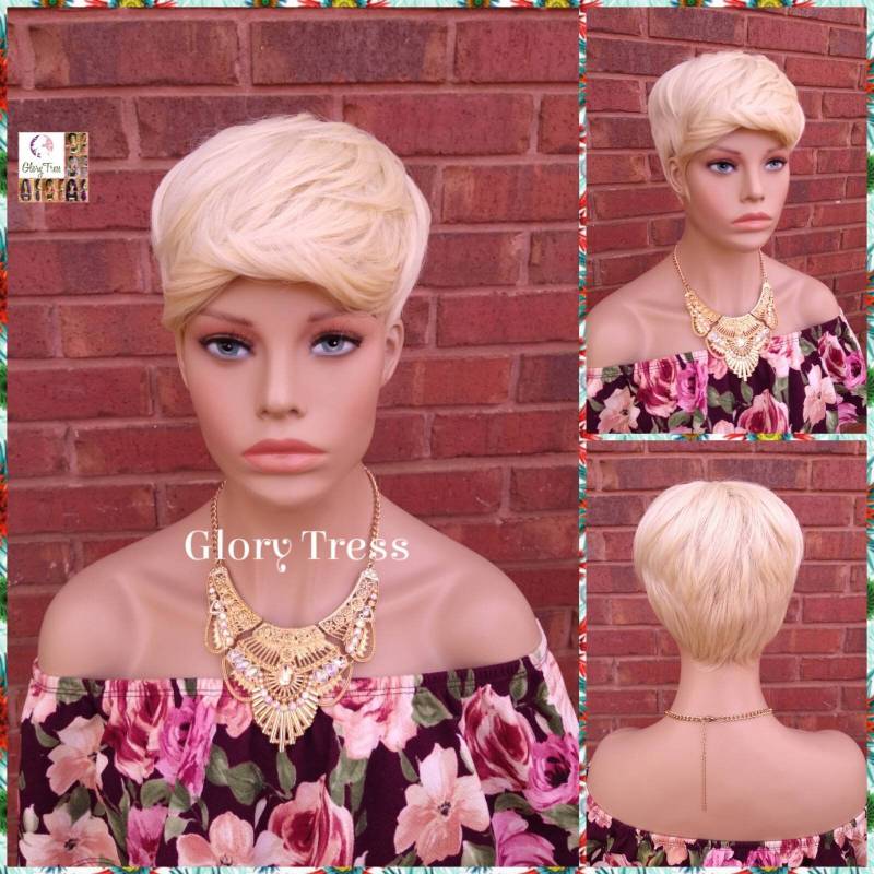 Kurze Razor Cut Full Perücke, Glory Tress, Pixie Frisur, 613 Platinum Blonde On Sale // Jordan von Etsy - GloryTress