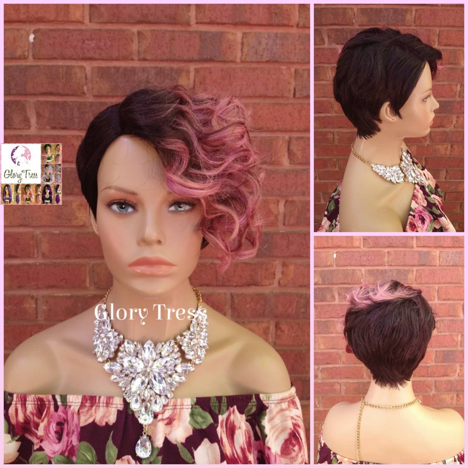 Kurze Vollperücke Mit Pixie Cut, Ombre Pink Perücke, Glory Tress, Lace Seitenteil //Revive von Etsy - GloryTress