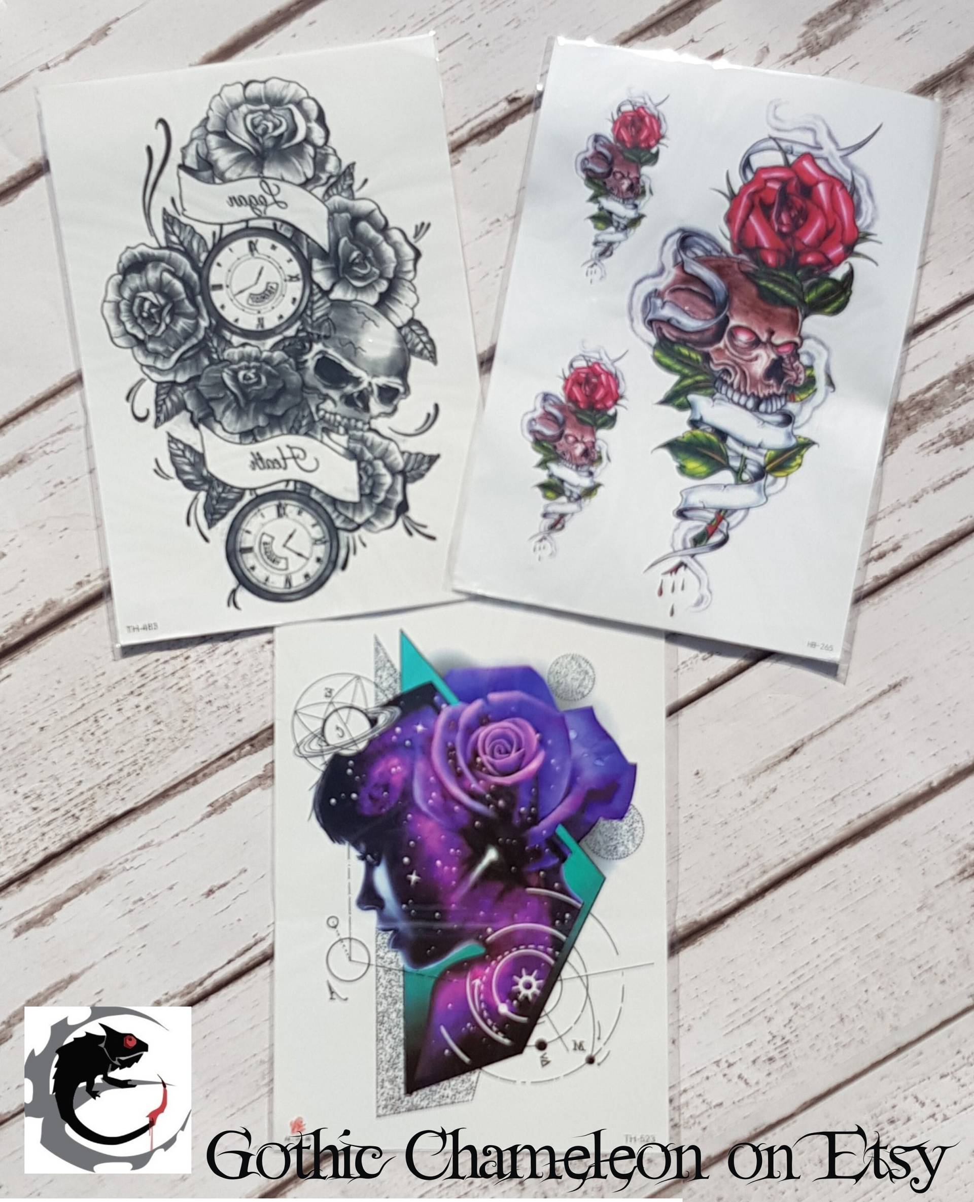 Große Temporäre Tattoo-Bögen Blumen Totenköpfe 15 X 21 cm von Etsy - GothicChameleon