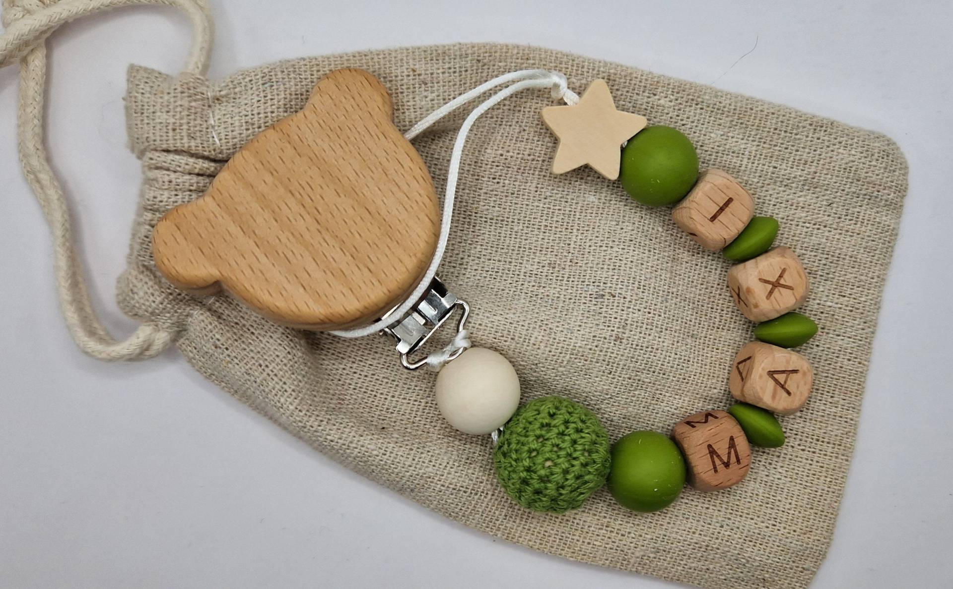 Schnullerkette Mit Namen Neutral Personalisiert Grün| Baby | Geschenk Zur Geburt Holz Silikonperlen |Häkelperlen von Etsy - GravurHandwerk