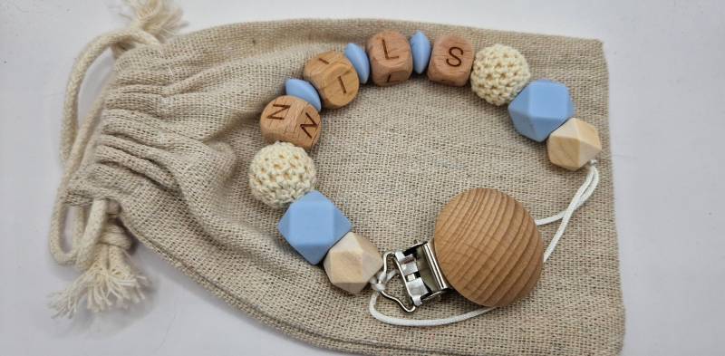 Schnullerkette Mit Namen Personalisiert Hellblau|Blau| Baby | Geschenk Zur Geburt Holz Silikon |Häkelperlen| Junge| Mädchen von Etsy - GravurHandwerk