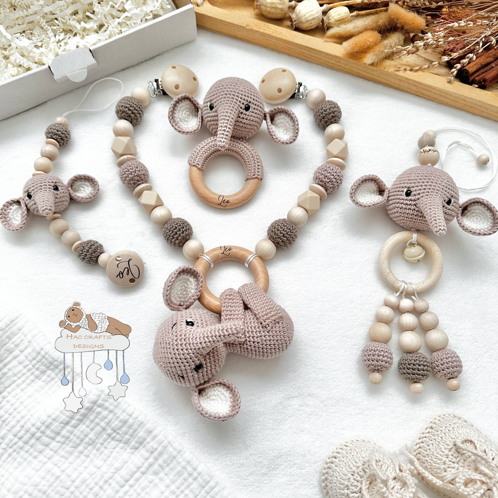 Personalisiert Elefant Sparset Kinderwagenkette Anhänger Greifring Schnullerkette Babyshower Taufe Geburtsgeschenk Mit Gravur Naturtöne von Etsy - HACCraftsLittle