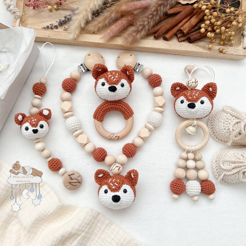 Personalisiert Fuchs Sparset in Rot Kinderwagenkette Anhänger Greifring Schnullerkette Babyshower Taufe Geburtsgeschenk Mit Gravur von Etsy - HACCraftsLittle