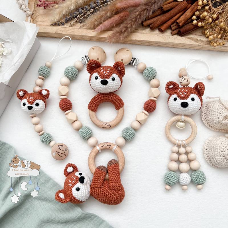 Personalisiert Fuchs Sparset in Rot Und Mint Kinderwagenkette Anhänger Greifring Schnullerkette Babyshower Taufe Geburtsgeschenk Mit Gravur von Etsy - HACCraftsLittle