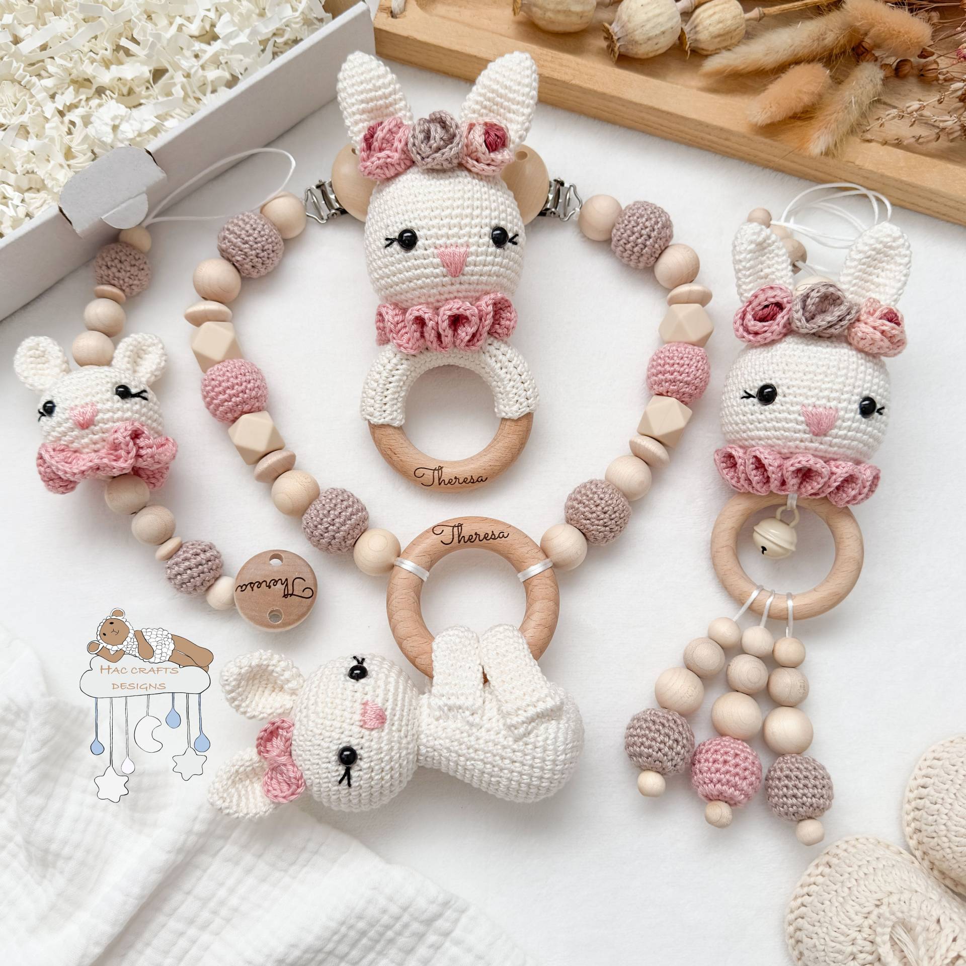 Personalisiert Hase Creme Und Rosa Sparset Kinderwagenkette Anhänger Greifring Schnullerkette Babyshower Taufe Geburtsgeschenk Mit Gravur von Etsy - HACCraftsLittle