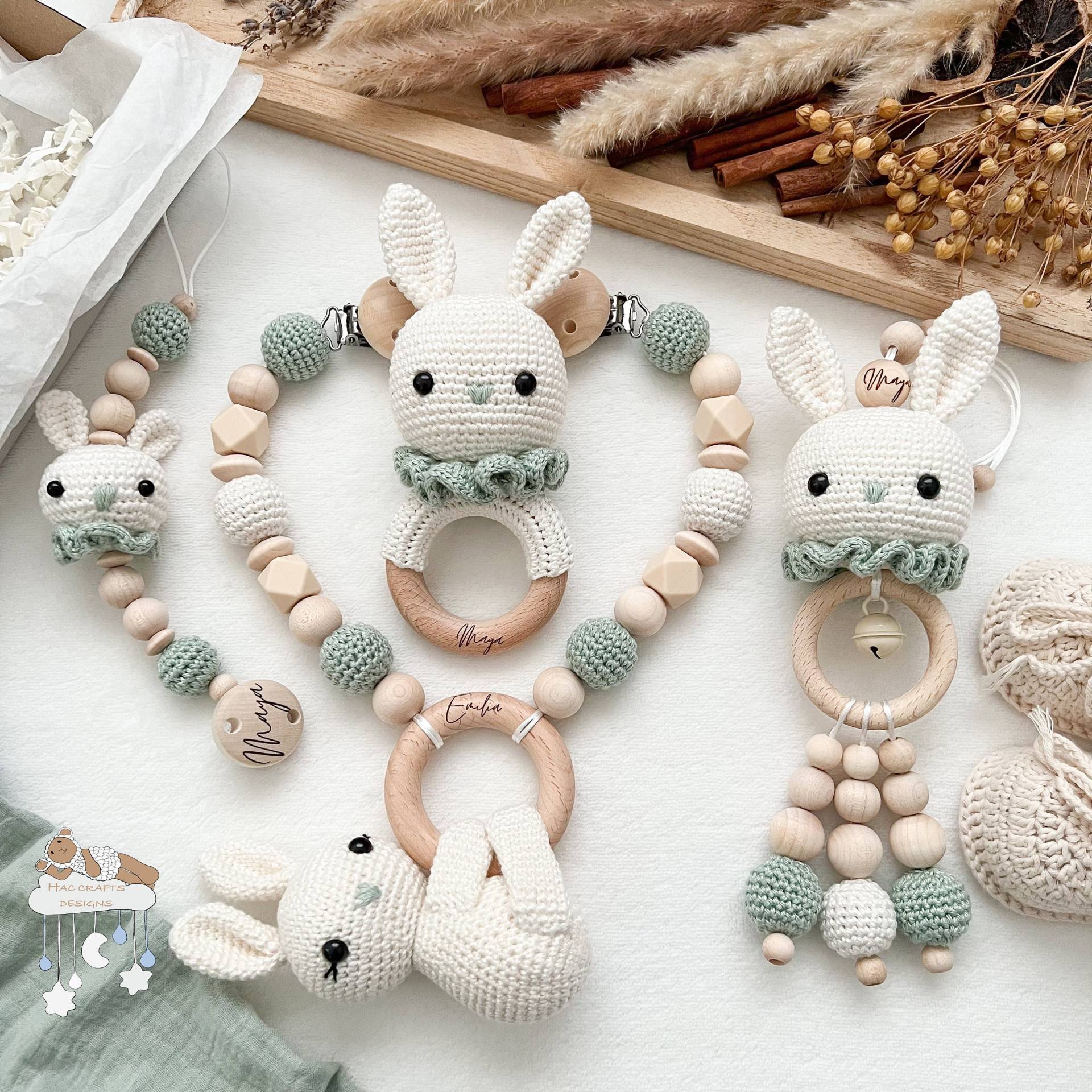 Personalisiert Sparset Kinderwagenkette Anhänger Greifring Schnullerkette Geburtsgeschenk Babyshower Taufe Mit Gravur Hase Creme Und Mint von Etsy - HACCraftsLittle