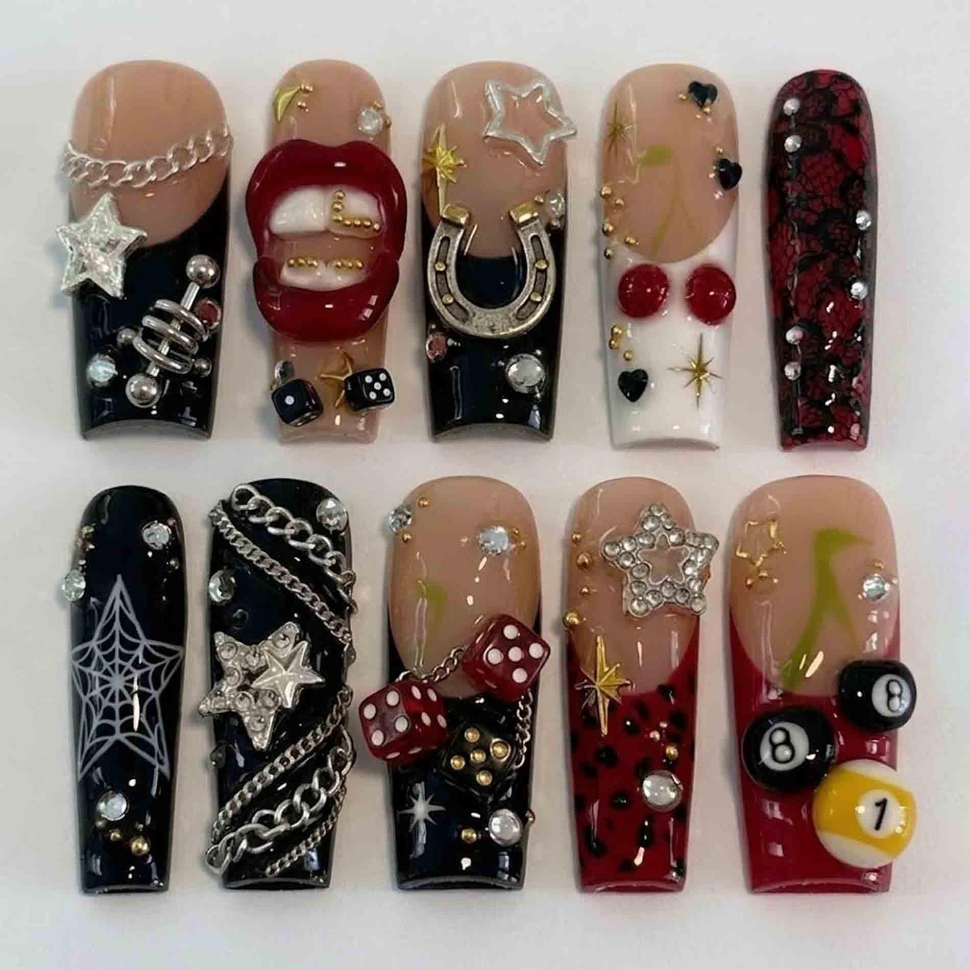 Handmade Red Black Y2K Press On Nails | Cherry, Dice, Spider Web, Star & Chain Charms Long Square For Edgy Aesthetic Look Handmade Red Black Y2K Press On Nails | Cherry, Dice, Spider Web, Star & Chain Charms Long Square For Edgy Aesthetic Look von Etsy - HandmadeByDanaLukes