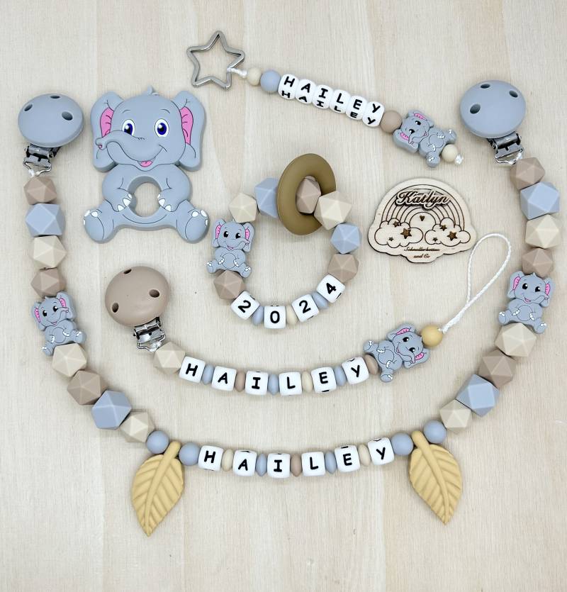 Babygeschenk Schnullerkette Mit Name , Kinderwagenkette, Schlüsselanhänger Und Greifling Aus Silikon Perlen Elefant + Ring Adaptor Gratis von Etsy - Handmadekatlyn