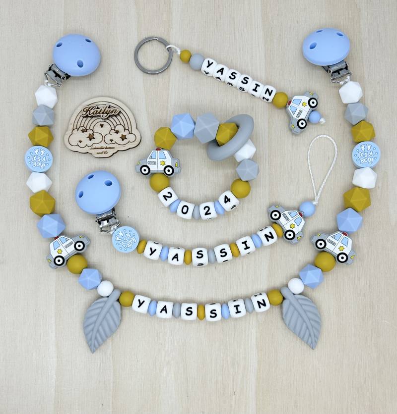 Babygeschenk Schnullerkette Mit Name , Kinderwagenkette, Schlüsselanhänger Und Greifling Aus Silikon Perlen Polizei + Ring Adaptor Gratis von Etsy - Handmadekatlyn