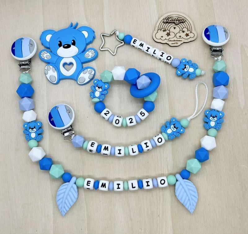 Schnullerkette Mit Name Kinderwagenkette Greifling Schlüsselanhänger Bärchen Blau-Mint Geschenk Set , Gratis Ring Adaptor von Etsy - Handmadekatlyn