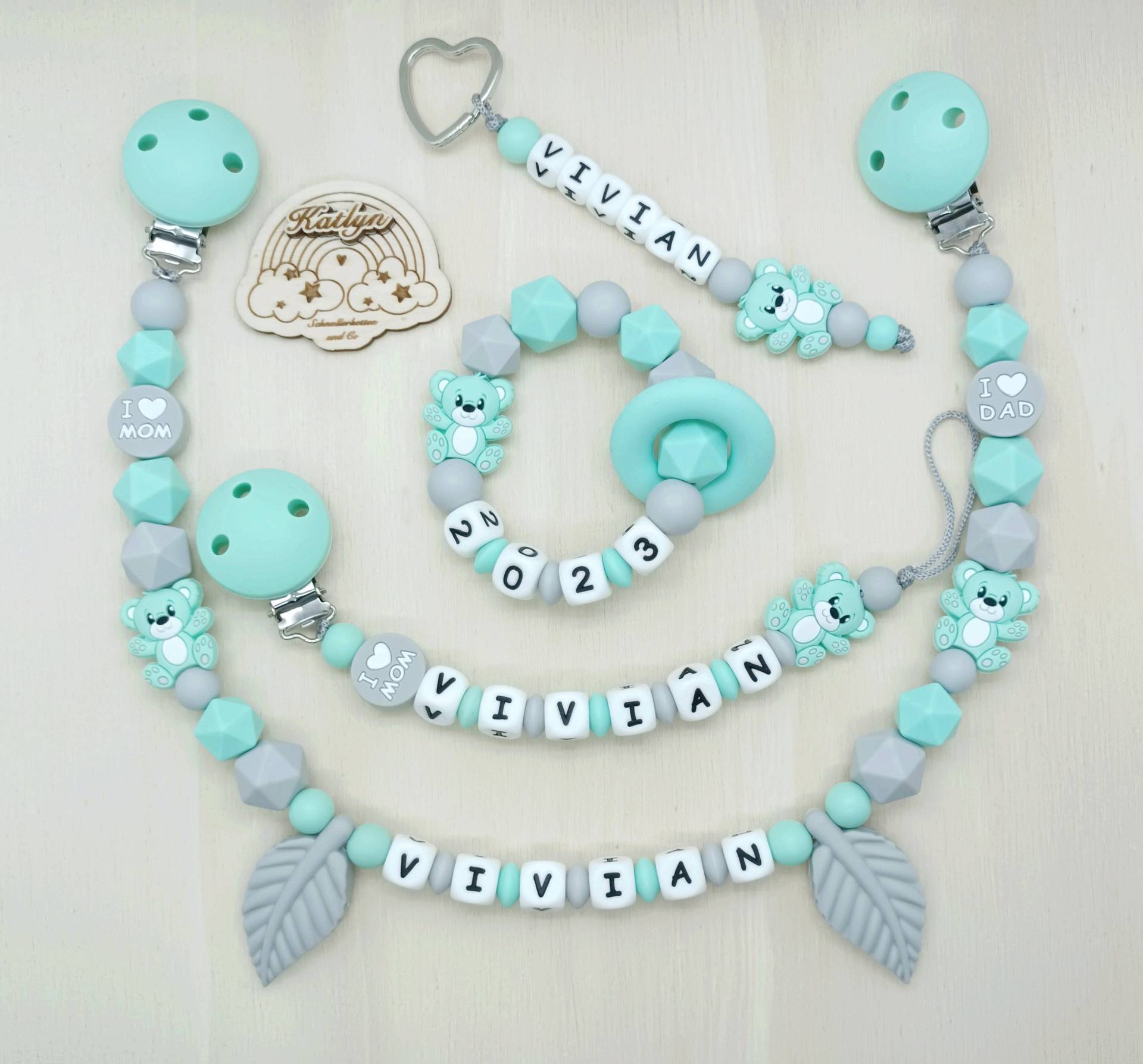 Schnullerkette Mit Name Kinderwagenkette Greifling Schlüsselanhänger Bärchen Mint Grau Geschenk Set von Etsy - Handmadekatlyn