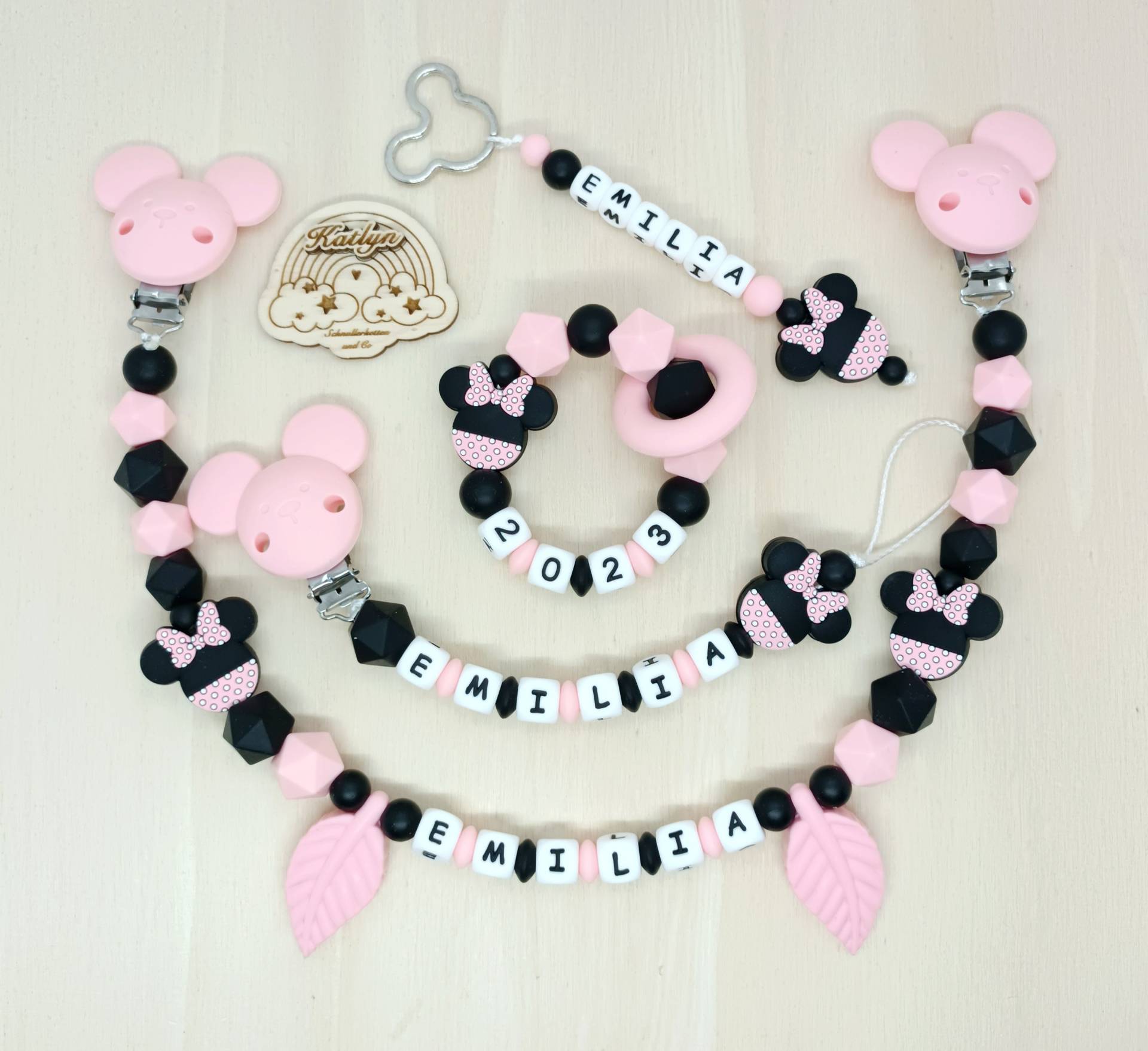 Schnullerkette Mit Name Komplettset, Kinderwagenkette, Schlüsselanhänger Und Greifling Aus Silikon Perlen + Adaptor Gratis Rosa Maus von Etsy - Handmadekatlyn