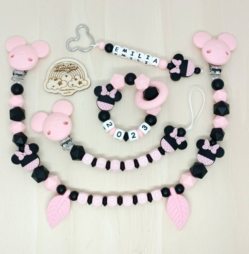 Schnullerkette Mit Name Komplettset, Kinderwagenkette, Schlüsselanhänger Und Greifling Aus Silikon Perlen + Adaptor Gratis Rosa Mickey von Etsy - Handmadekatlyn